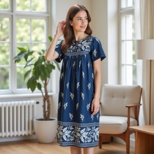 Women's Short Sleeve Royal Lounger House Dress - Contrast Yoke and Hem with Pockets