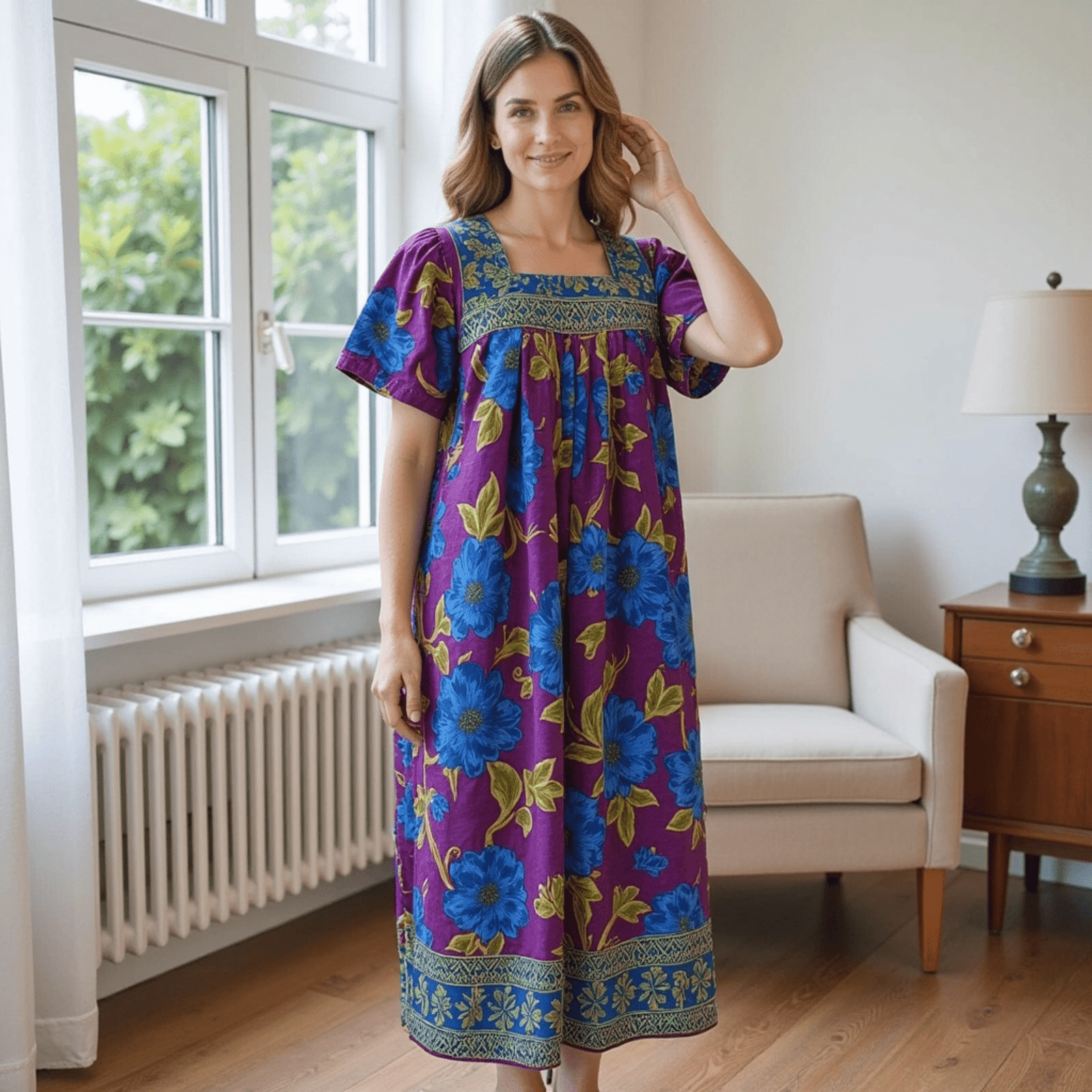 Women's Short Sleeve Purple/Blue Floral Lounger House Dress - Square Neck, Contrast Yoke and Hem with Pockets