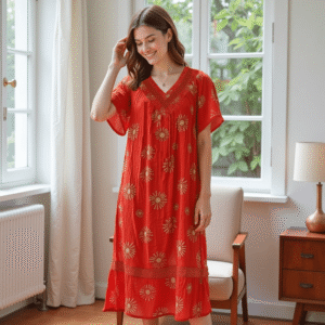 Women's Short Sleeve Orange-Red Starburst Gauze Lounger House Dress - Crochet V Neck and Pockets