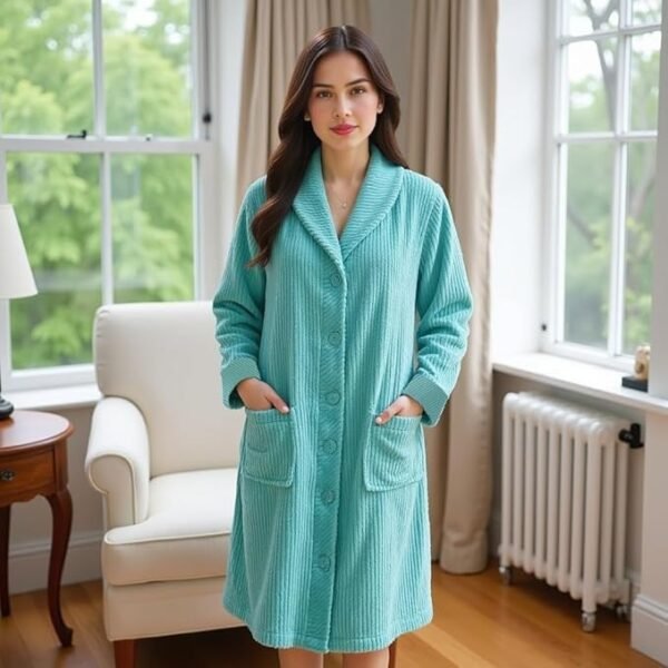 Loungees Women’s Plush Fleece Robe - Mid-Length Cozy Button-Front Bathrobe with Notched Collar, Soft Coral Fleece, Lightweight Robe for Women - Image 4
