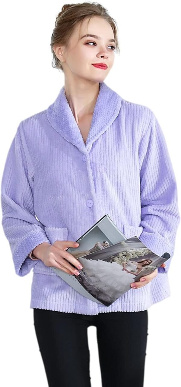 Loungees Women's Light Purple Drop Needle Coral Fleece Shawl Collar Button FrontBed Jacket - Image 2