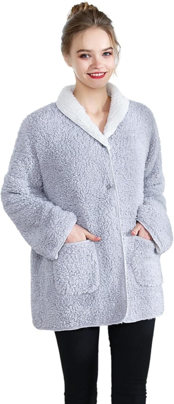 Women's Lilac/Ivory Sherpa Plush Reversible Button Front Bed Jacket - Image 7