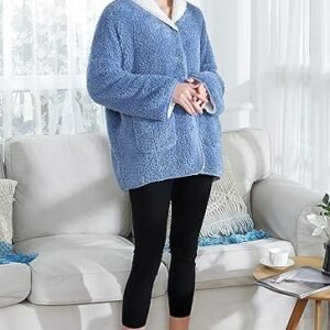 Women's Lilac/Ivory Sherpa Plush Reversible Button Front Bed Jacket