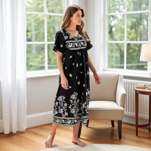 Loungees Short Sleeve Black Monotone Lounger House Dress Caftan - 3 Button Bib Yoke and Pockets