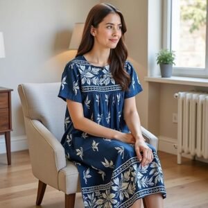 Loungees Short Sleeve Royal Monotone Lounge House Dress Caftan - 3 Button Bib Yoke and Pockets