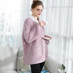 Women's Lilac/Ivory Sherpa Plush Reversible Button Front Bed Jacket