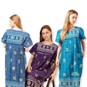 Loungees Border Print Cotton Lounge Dress/House Dress/Caftan | 3 Button Bib Yoke Short Sleeve
